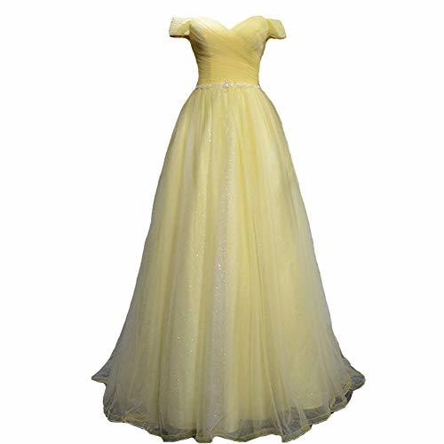 Kivary Off The Shoulder Ruched Pleats Beaded Tulle Long Evening Prom Dress Yello