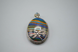 Dragonfly Rainbow Cabochon Pendant 925 18K Stamp Sterling Silver Filigree Oval - £61.86 GBP