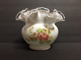 Vintage Fenton Ruffled Crimped Candy Dish White with Hand Painted Flowers - £25.36 GBP