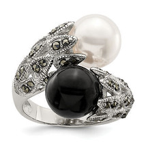 Silver  Black and White Plastic Imitation Pearl Marcasite Ring QR2184 - $91.75