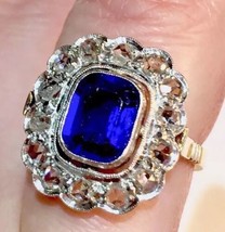 Authentic French Rose cut Diamonds blue stone 18k Platinum Daisy ring Dog Eagle - £2,071.94 GBP