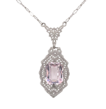 Art Deco 10k White Gold Filigree Pendant Necklace with Pink Stone (#J7357) - €346,23 EUR