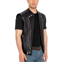 Jacket Lambskin Classic Western Vest Coat Leather Waistcoat Black Zipper Men - £84.43 GBP+