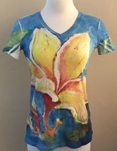 Leoma Lovegrove Tropical Colorful Floral Short Sleeve V-Neck T-Shirt Siz... - £10.87 GBP