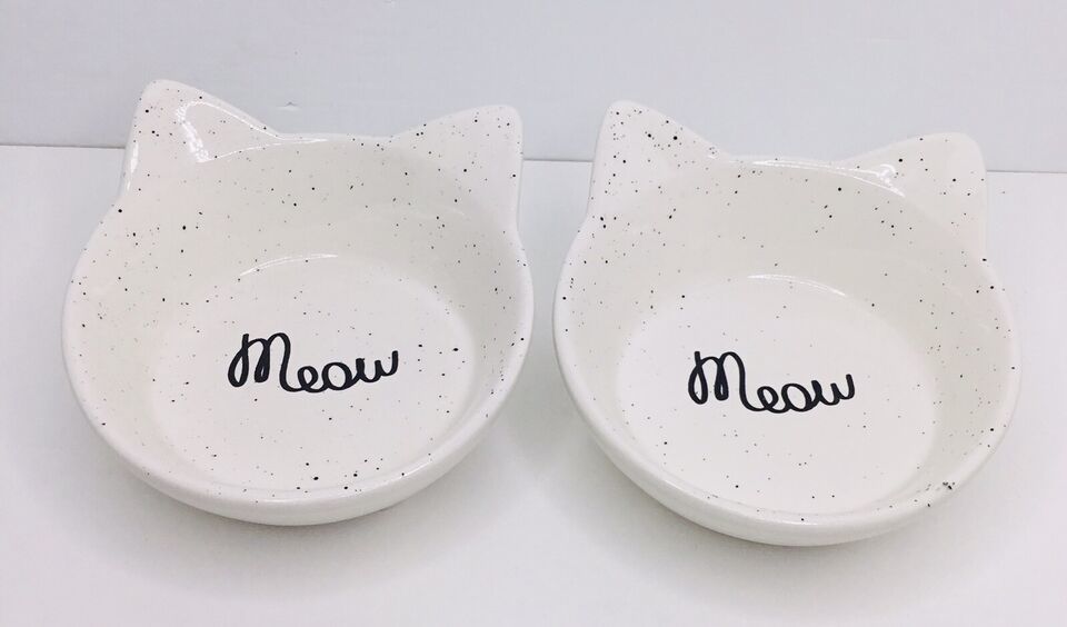2 Cat Food Water Bowl Elevated Speckled Ceramic WINNIFRED &amp; LILY  “Meow”... - $21.73