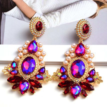 Statement Long Crystal Pearl Metal Dangle Drop Earrings - $15.00