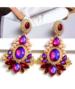 Statement Long Crystal Pearl Metal Dangle Drop Earrings - $21.11 CAD