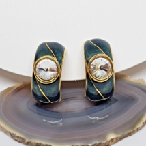 Vintage Green Enamel Clear Crystal Clip On Earrings Gold Tone Rivoli Rhinestone - £13.32 GBP