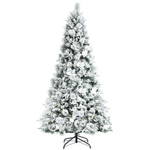 Costway 7ft Snow Flocked Hinged Christmas Tree w/ Berries &amp; Poinsettia F... - £146.47 GBP