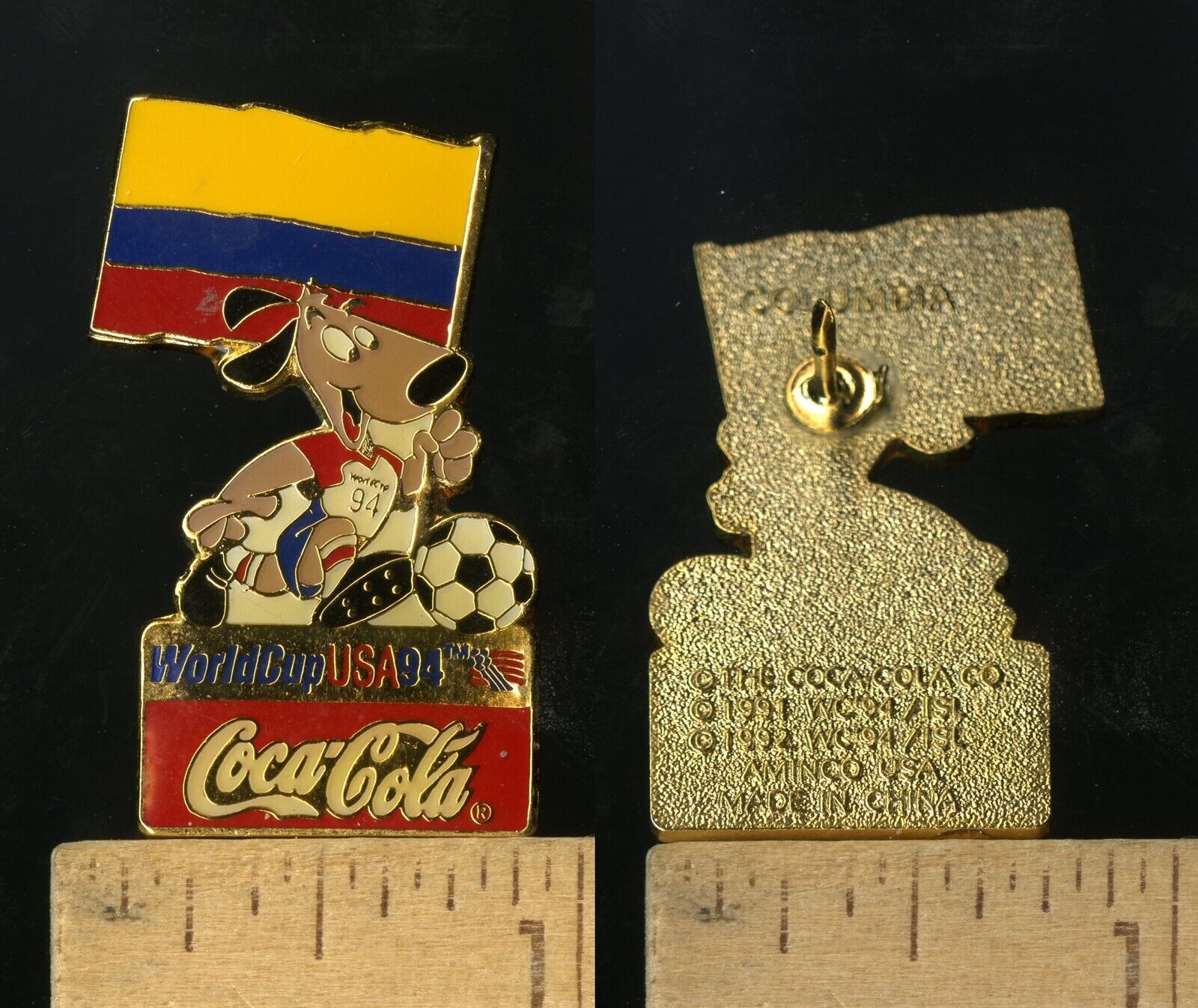 VINTAGE FIFA USA WORLD CUP SOCCER 1994 MASCOT &amp; COCA COLA COLUMBIA PIN - $4.95