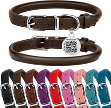 Rolled Leather Dog Collar with QR ID Dog Tag round Personalized Pet C - $48.59 CAD