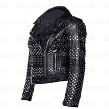 New Women&#39;s Black Punk Full Silver Studded Classic Designed Leather Jacket-605 - £338.24 GBP