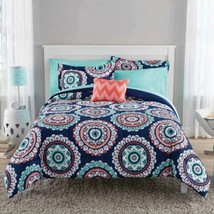 8pc Blue Medallion Queen Size Bed in a Bag Comforter Set w/ Sheets - £75.41 GBP+