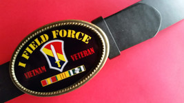 Vietnam Veteran  1 FIELD FORCE Epoxy Belt Buckle &amp; Black Bonded Leather ... - £18.16 GBP