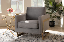 Clara Gray Velvet Fabric Upholstered Gold Finished Armchair - $12,895.68 MXN