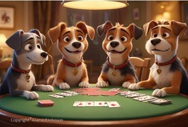 Funny Animated Dogs Playing Cards Art Print on Premium Photo Paper 8.5&quot; x 11&quot; - £11.52 GBP