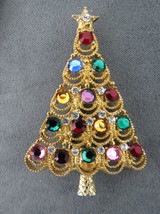 Vintage Eisenberg Ice Christmas Tree Brooch Colored Rhinestones Gold Tone 2.5&quot; - £35.39 GBP