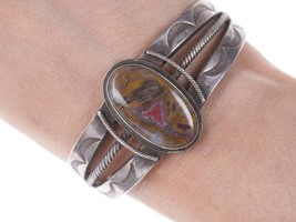 c1930&#39;s Navajo Petrified wood heavy stamped Silver cuff bracelet - $391.05