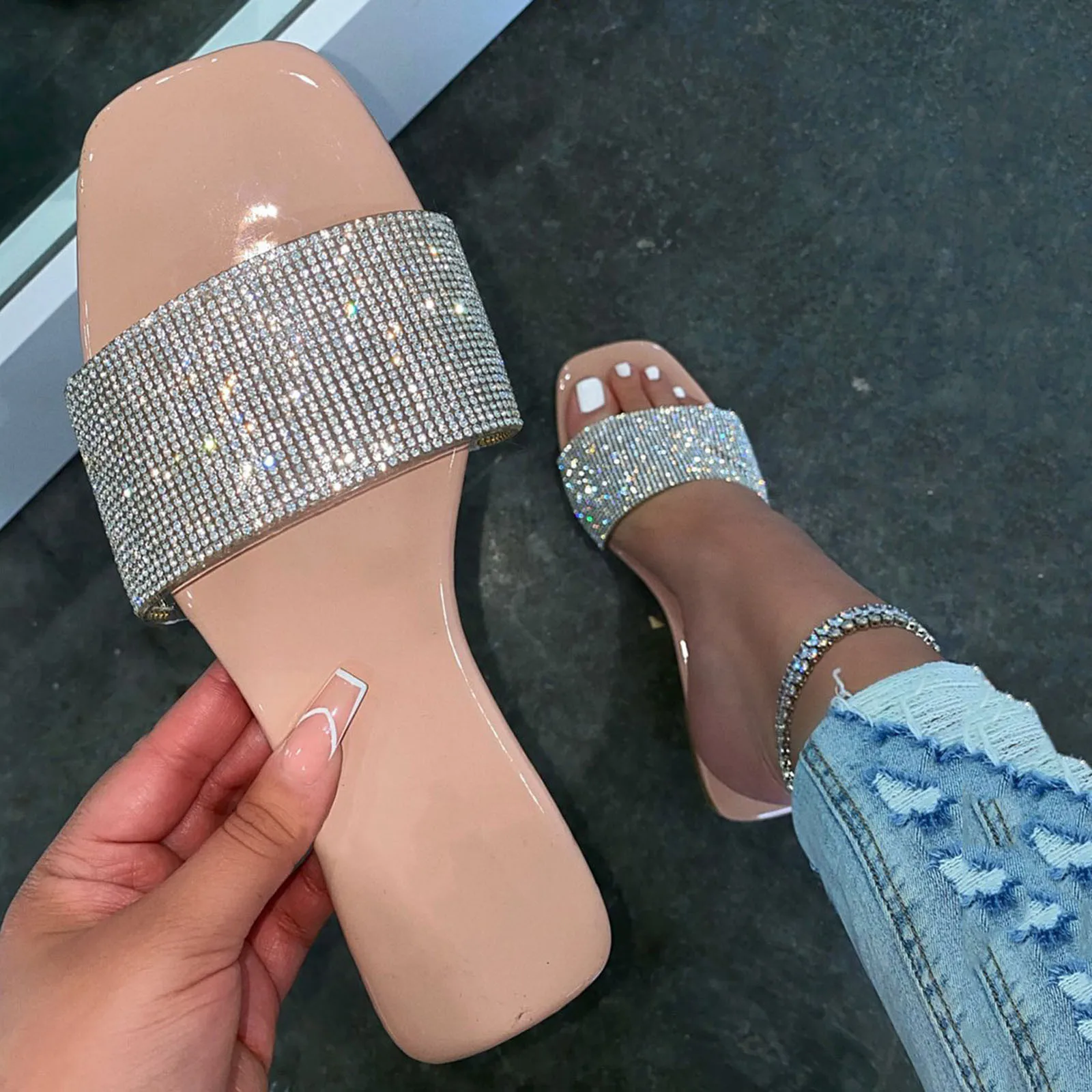 Summer Sandals Women Flip Flops Rhinestone Flat Sandals Ladies Slippers Shoes - £17.05 GBP