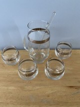 Libbey Pitcher 4 Roly Poly Glasses Stir Stick Wide Silver Band Glasses 6 Pc Set - £22.98 GBP