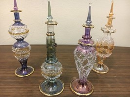 Set Of 5 Mouth Blown Egyptian Perfume Bottles Pyrex Gold Painted Glass 7&quot; - $75.00