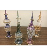 Set of 5 Mouth blown EGYPTIAN PERFUME BOTTLES Pyrex Gold Painted  Glass 7&quot; - $102.78 CAD
