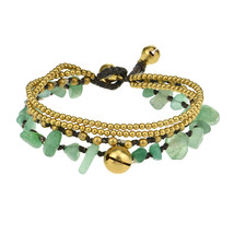 Green Aventurine Multi Strand Brass Beaded Handmade Jingle Bell Bracelet - $10.88