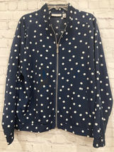 Susan Graver Womens Small Zip Front Peachskin Bomber Jacket Blue Polka Dot - £16.63 GBP