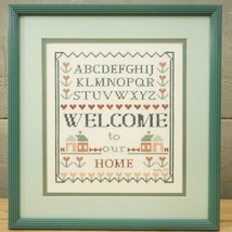 1993 Textile Art Cross Stitch Sampler Mint Green &amp; Rose Pink Welcome To ... - $34.64
