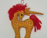 Vintage stuffed fabric unicorn ornament with yarn mane and tail yellow a... - $8.00