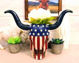 Western Patriotic US American Flag Old Faithful Longhorn Cow Skull Vase ... - $43.39 CAD