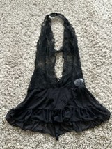 fredericks of hollywood Black Deep V Halter w/ /thong Size XS Ruffle Hem... - $12.19