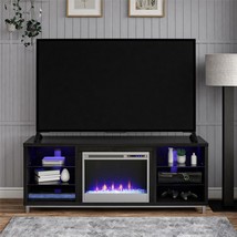 Electric Fireplace TV Stand 70-in Entertainment Center LED Lights Glass Shelves - £322.81 GBP
