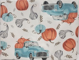 Peva Flannel Back Tablecloth 52&quot;x70&quot;Oblong,BLUE Trucks With Pumpkins &amp; Leaves,Hl - £11.93 GBP
