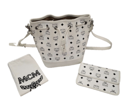 MCM White Dessau Medium Logo Print  Bucket Bag with Drawstring Closure - £609.86 GBP