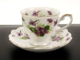 Lefton China Demitasse Cup and Saucer, Purple Flowers, Gold Trim, Hand Painted - $24.45