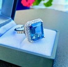 3Ct Emerald Brilliant Cut Blue Topaz Halo Engagement Ring 18K White Gold Finish - £119.05 GBP