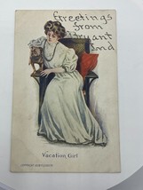 Vintage Postcard 1908 P. Gordon Vacation Girl Victorian Woman &amp; Pit Bull Dog - $4.74