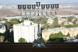 Jerusalem Modern Judaica Hanukah Jewish Menorah Silver Tone Metal Holy Land 10&quot; - £37.08 GBP