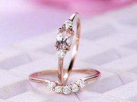 1.40CT Peach Morganite 14k Rose Gold Over Matching band Wedding Bridal Ring Set - £76.41 GBP