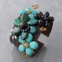 Gorgeous Floral Blossom Turquoise-Malachite Leather Band Cuff - £31.28 GBP
