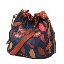Bags women denim leather patchwork shoulder bag ladies bucket handbag female drawstring thumb200