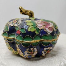 Floral Chinese Cloisonne Trinket Bowl Box /Lid Box Blue &amp;Gold 4&quot;x3&quot;1/2 - £32.89 GBP
