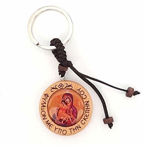 Christian Orthodox Greek Religious Keyring Keychain with Wood Icon of Virgin Mar