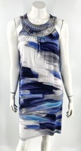 AB Studio Shift Dress Size L Blue Gray Beaded Neck Sleeveless Printed Womens - £19.78 GBP