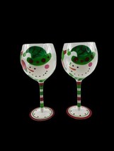 2 Hand Painted Glass Winter Christmas Wine Glasses Snowmen Whimsical Lon... - £32.05 GBP