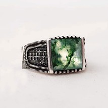 Square Cut Moss Agate Ring Men&#39;s Handmade 925 Silver Ring Men Wedding Jewelry - £52.53 GBP