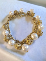 Vintage Dangle White Faux Pearl Cluster Links Chacha Gold Tone Bracelet - £5.33 GBP