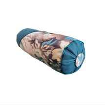 Decorative Bolster Pillow, Aqua Blue Turquise Velvet, Floral Cotton, 6x16&quot; - £43.00 GBP