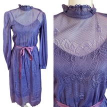 Vintage 70s 80s Lace Doily Overlay Longsleeve Midi Dress Purply Blue w S... - £93.02 GBP